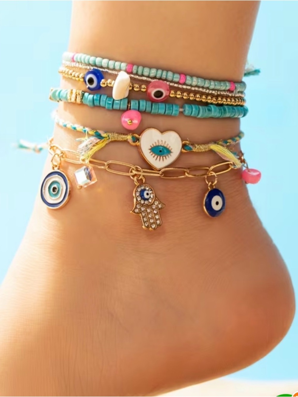 Set of 6❣️Bohemian Turquoise & Gold Evil Eye Charm Anklet Set
